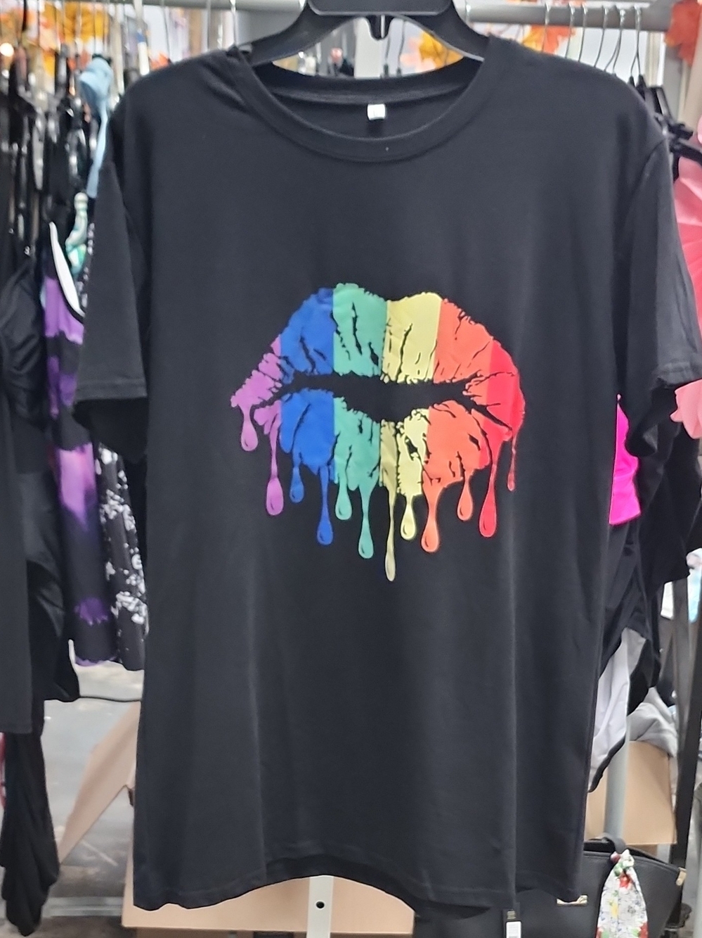 SHEIN Black Tee with Rainbow Drip Lip Graphic
